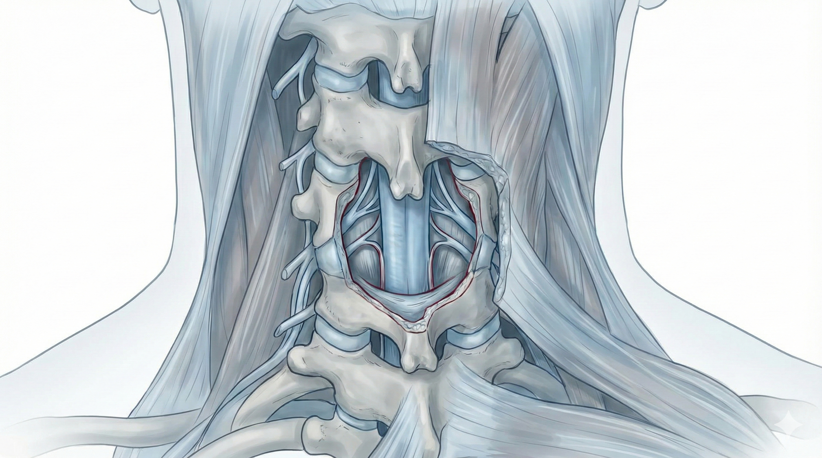 Ilustración quirúrgica de columna cervical mostrando exposición posterior y resección de láminas en una laminectomía cervical.